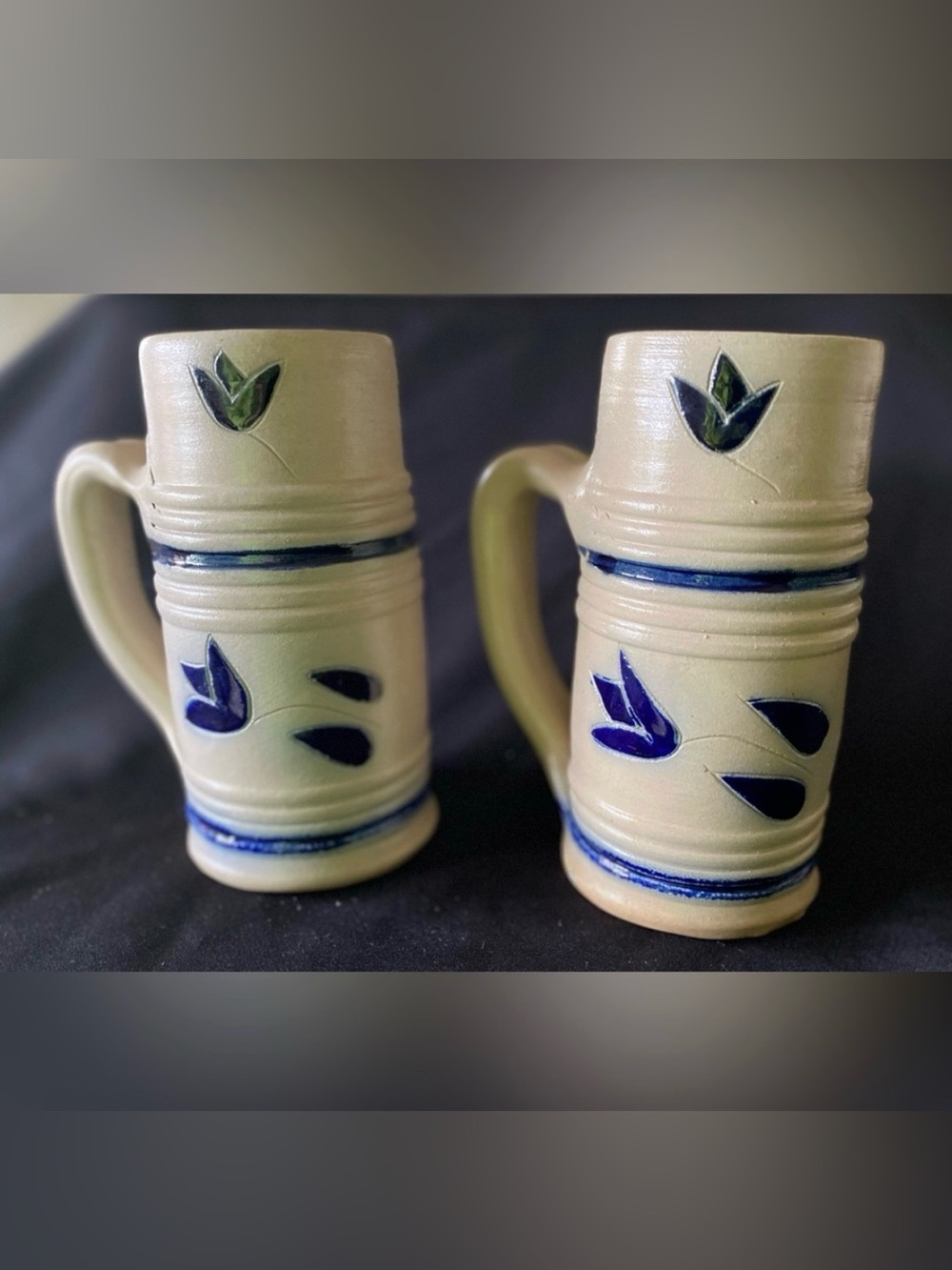 Williamsburg Pottery Stoneware Salt Glazed Coffee Mugs (2) Tankard Stein Flower